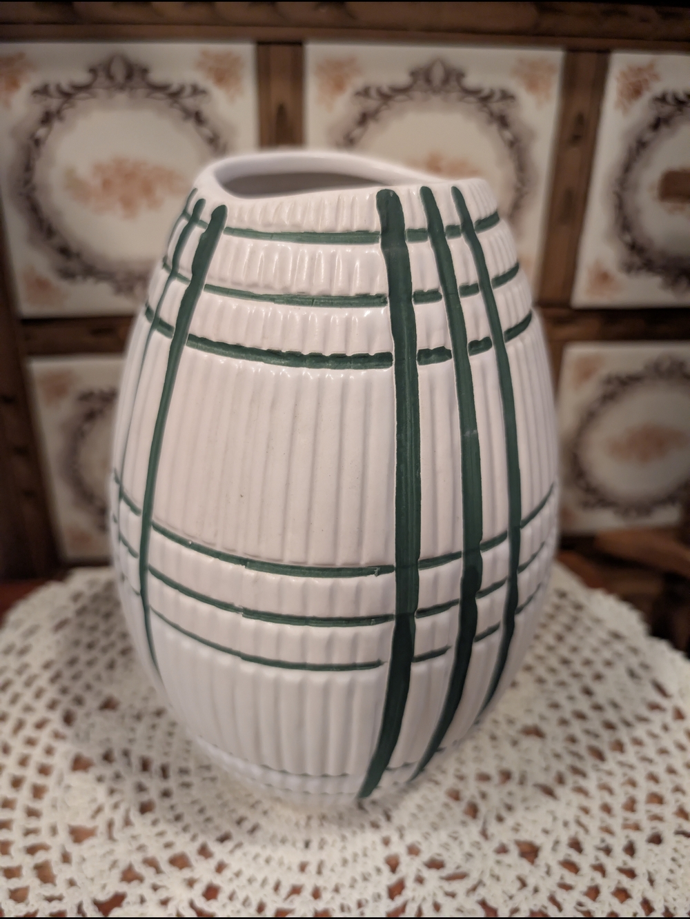 White Ceramic Vase with Dark Green Plaid Stripes